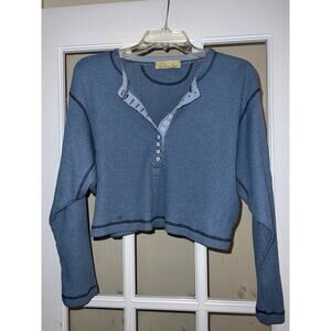 How Very Loved Blue Waffle Knit Y2K Henley Btton Top SZ Small Oversized Fit Boho